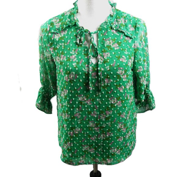 CeCe Green/Pink Floral Short Sleeve Blouse Size Small - Picture 3 of 6
